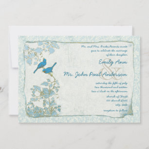 Royal Blue Birds Damask Pink Font Wedding Invite