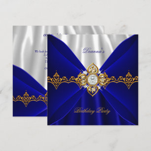 Royal Blue Birthday Gold Jewel White Silk 2 Invitation