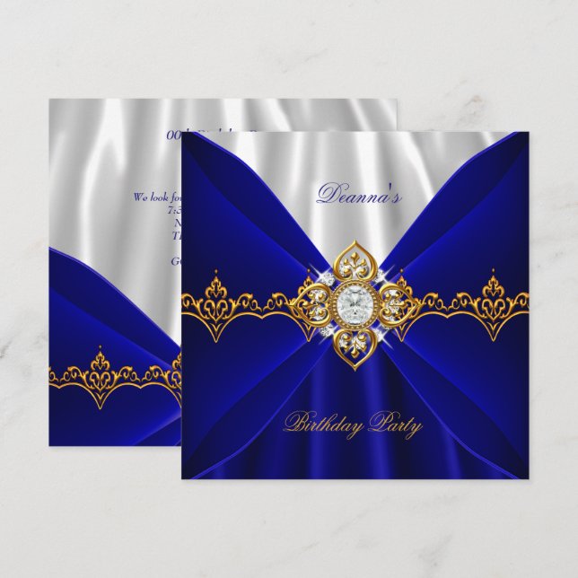 Royal Blue Birthday Gold Jewel White Silk 2 Invitation (Front/Back)
