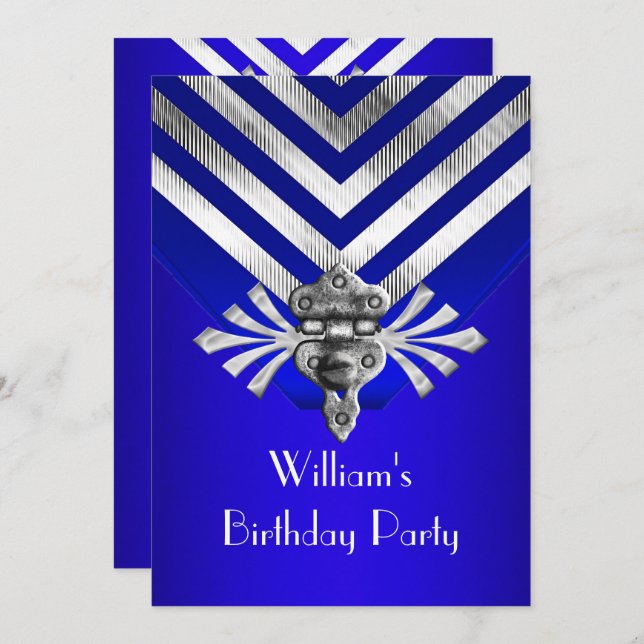 Royal Blue Birthday Party Silver Stripe Invitation (Front/Back)