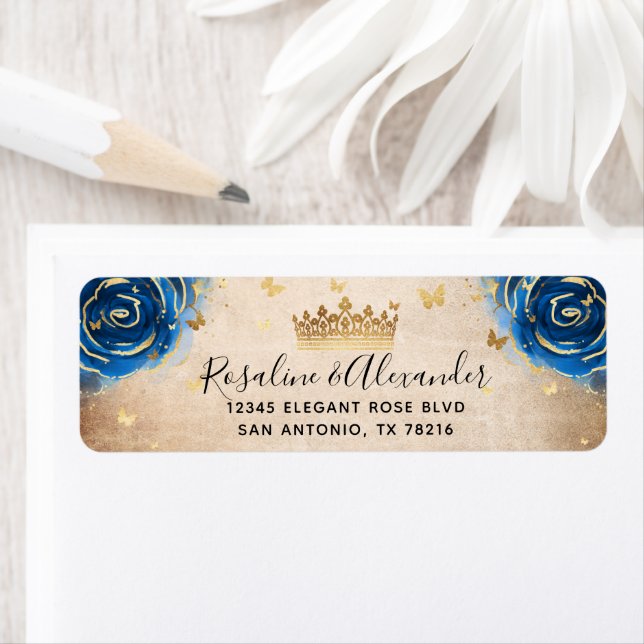 Royal Blue Black and Gold Crown Return Address Label (Insitu)