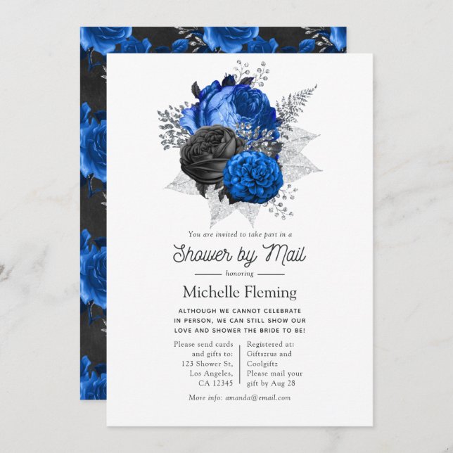 Royal Blue, Black and Silver Floral Shower by Mail Invitation (Front/Back)