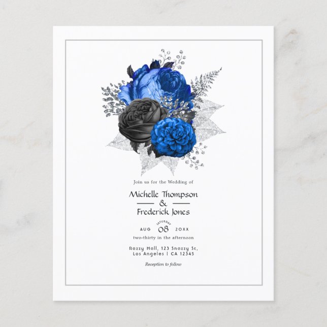 Royal Blue, Black and Silver Floral Wedding Flyer (Front)