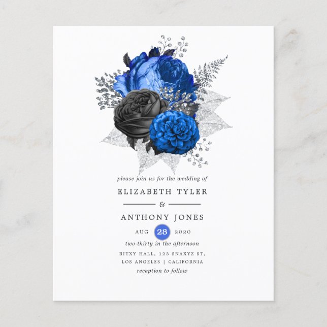 Royal Blue, Black and Silver Floral Wedding Invite Flyer (Front)
