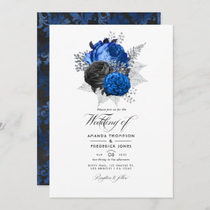 Royal Blue, Black and Silver Floral Wedding Photo Invitation