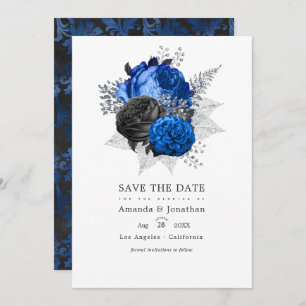 Royal Blue, Black and Silver Floral Wedding Photo Save The Date