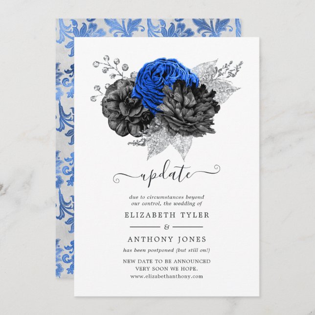 Royal Blue, Black and Silver Floral Wedding Update Invitation (Front/Back)