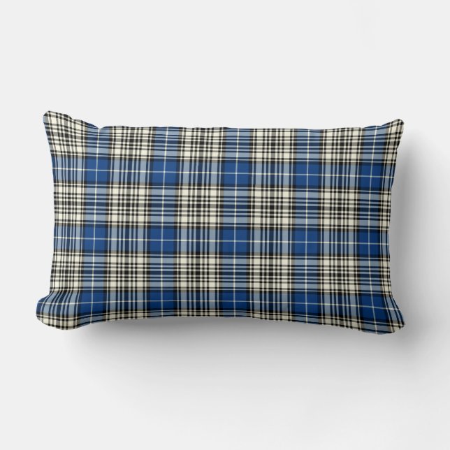 Royal Blue, Black and White Napier Clan Plaid Lumbar Cushion (Front)