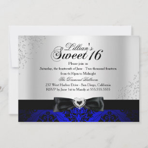 Royal Blue Black Damask Sparkle Sweet 16 Invite