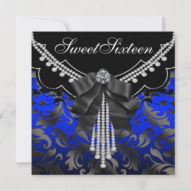 Royal Blue Black Damask Sweet Sixteen Birthday Par Invitation (Front)