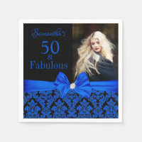 Royal Blue Black Floral Damask 50th Birthday Photo