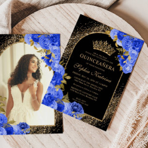 Royal Blue Black Gold Floral Photo Quinceanera Invitation