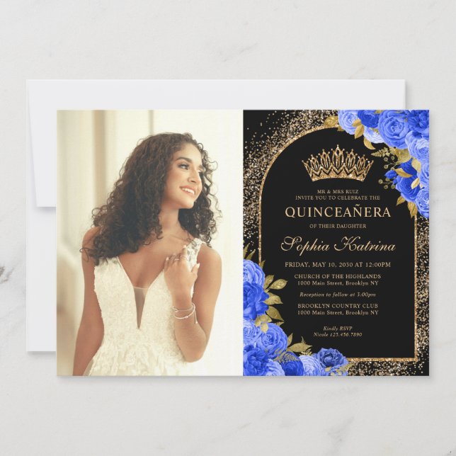 Royal Blue Black Gold Floral Photo Quinceanera Invitation (Front)
