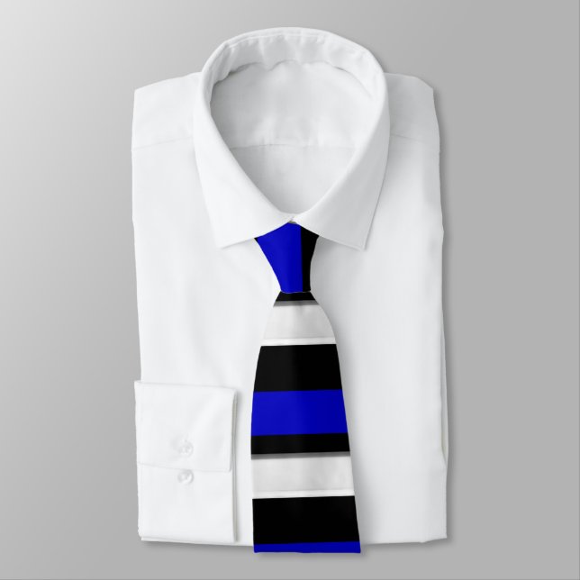 Royal Blue Black & Silver Horizontally-Striped Tie (Tied)