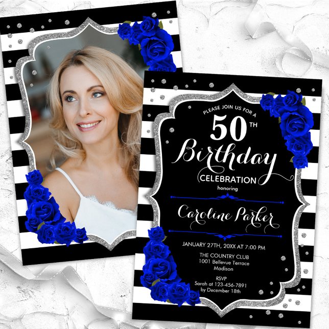 Royal Blue Black Silver Photo 50th Birthday Invitation (Creator Uploaded)