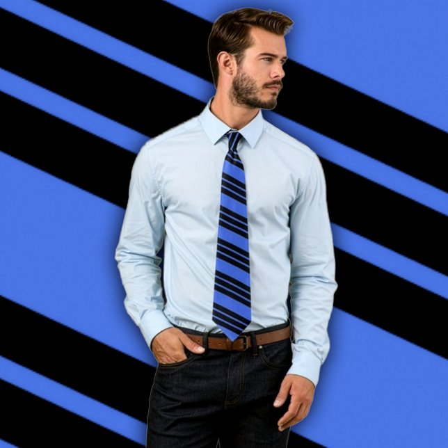 Royal Blue & Black Tie w/ Diagonal Stripes (Man wear royal blue and black stripes necktie.  Background matches the tie design.)