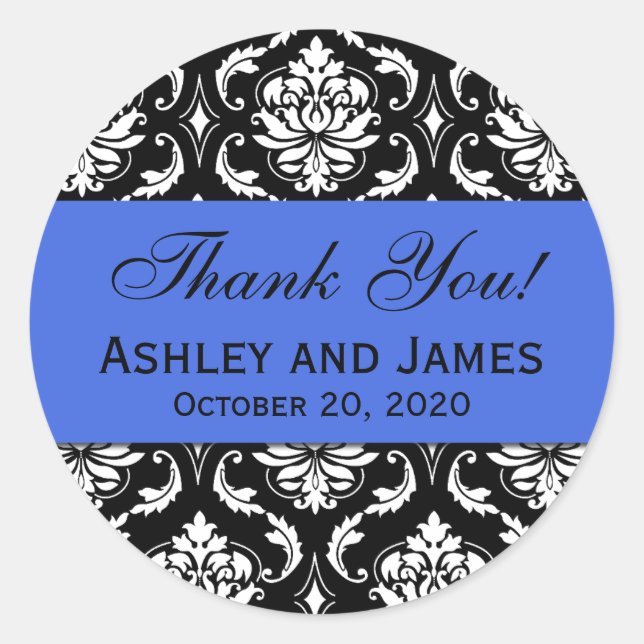 Royal Blue Black Wedding Damask Thank You Classic Round Sticker (Front)