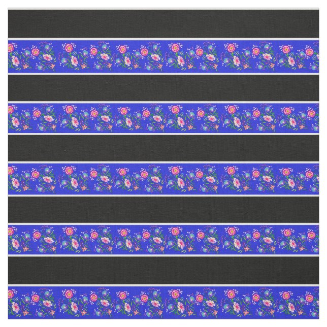 Royal blue/black, white pin stripe, folk floral fabric (Swatch)