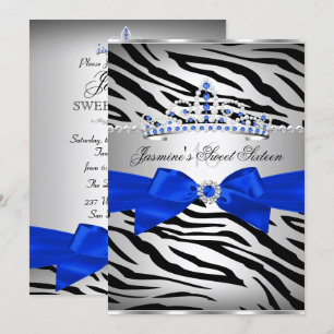 Royal Blue & Black Zebra Sweet 16 Birthday Party Invitation