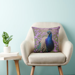 Royal Blue: Blue Peacock In Lavender Field, Cushion