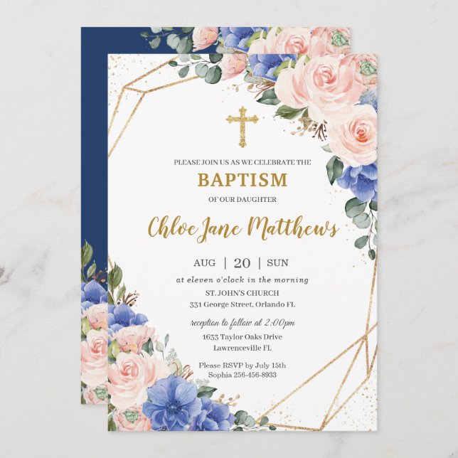 Royal Blue Blush Floral Gold Baptism Christening Invitation (Front/Back)