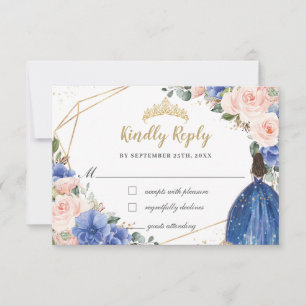 Royal Blue Blush Floral Quinceañera Princess Reply RSVP Card
