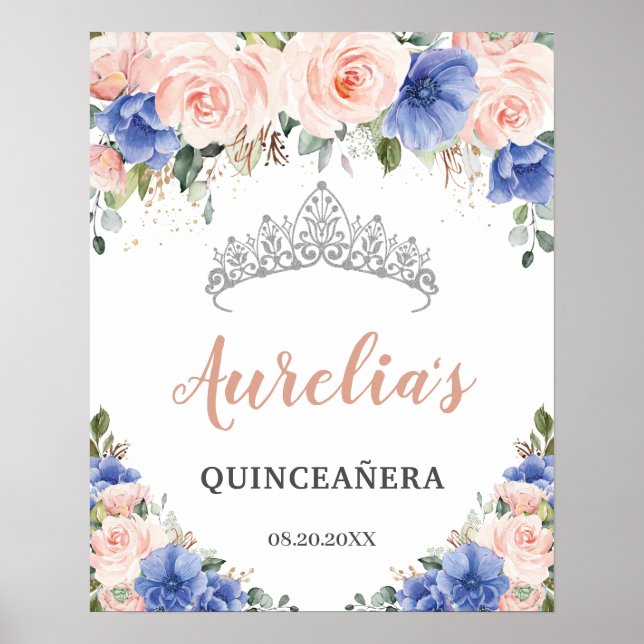 Royal Blue Blush Floral Quinceañera Tiara Welcome  Poster (Front)