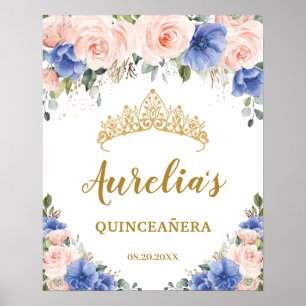 Royal Blue Blush Floral Quinceañera Tiara Welcome Poster
