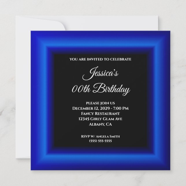 Royal Blue Border and Black Any Year Birthday Invitation (Front)