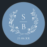 Royal Blue Botanical Monogram Wreath Wedding  Classic Round Sticker<br><div class="desc">Elegant royal blue botanical monogram wreath wedding sticker.</div>