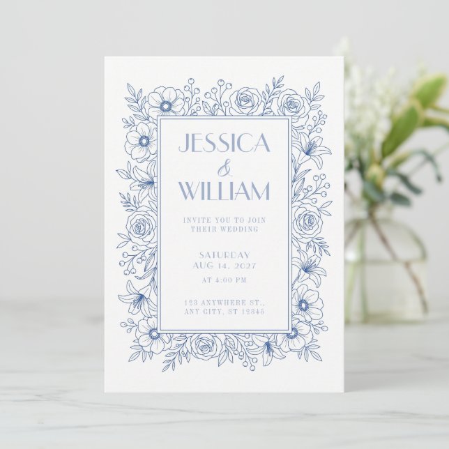 Royal Blue Botanical Wedding Invitation (Standing Front)