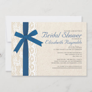 Royal Blue Bow & Lace Bridal Shower Invitations