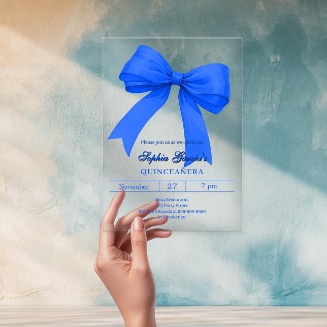 Royal blue bow Quinceanera Acrylic Invitations (Creator Uploaded)