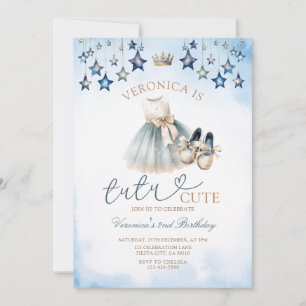 Royal Blue Bow Tutu Cute Ballerina Birthday Stars Invitation