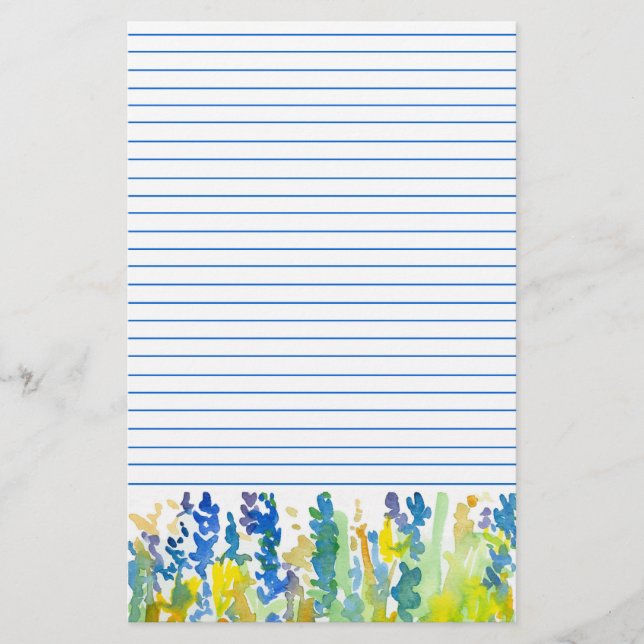Royal Blue Bright Yellow Watercolor Flowers Lined Stationery (Front)