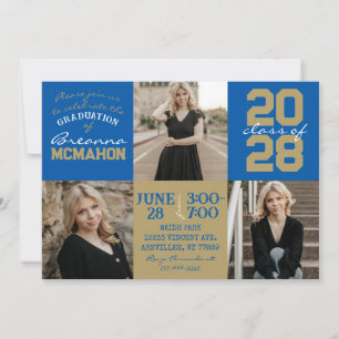 Royal Blue & Bronze3 Photo Graduation Invitation