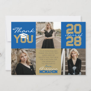 Royal Blue & Bronze 3 Photo Graduation Thank You Invitation