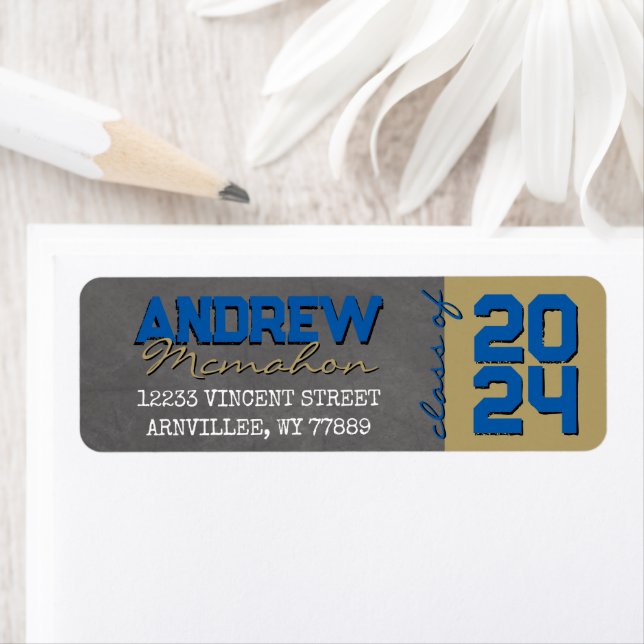 Royal Blue & Bronze Chalkboard Grad Return Address Label (Insitu)