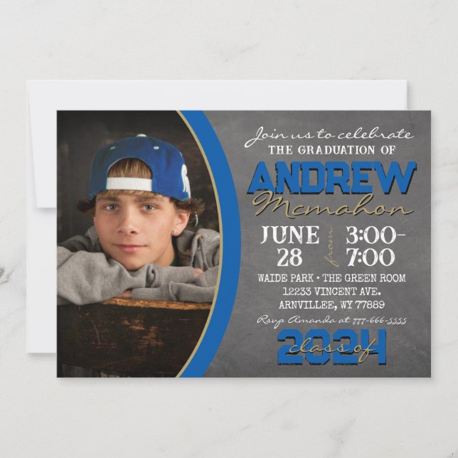 Royal Blue & Bronze Chalkboard Graduation Invitation (Front)