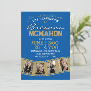 Royal Blue & Bronze Filmstrip 5 Photo Graduation Invitation