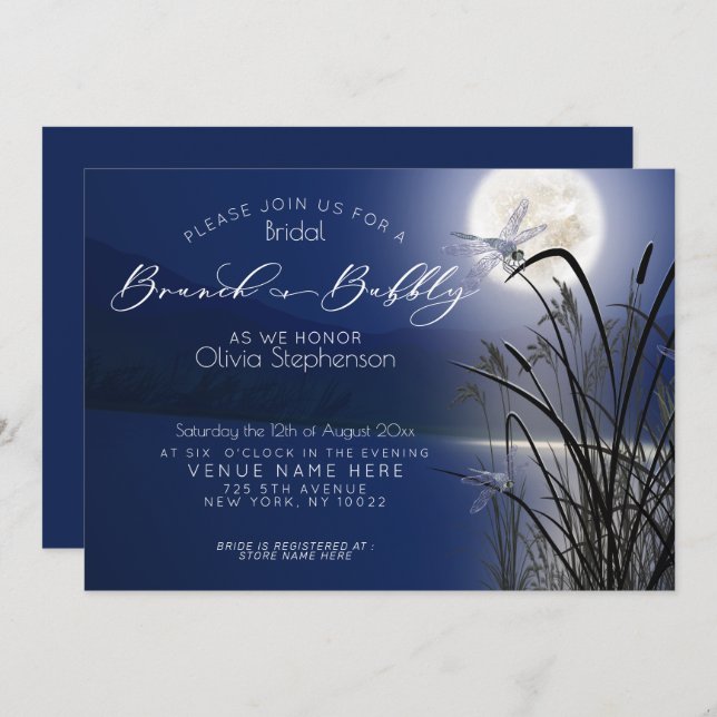 Royal Blue Brunch Bubbly Full Moon Dragonfly Invitation (Front/Back)
