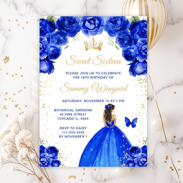 Royal Blue Brunette Hair Princess Sweet Sixteen Invitation (Creator Uploaded)