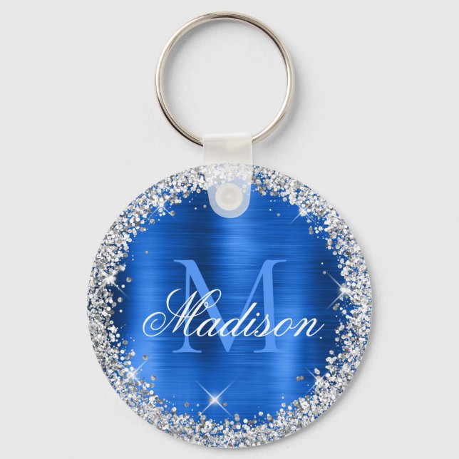 Royal Blue Brushed Metal Silver Glitter Monogram  Key Ring (Front)