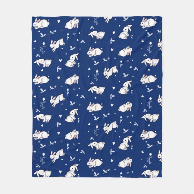 Royal Blue Bunny Patterned Fleece Blanket (Front)