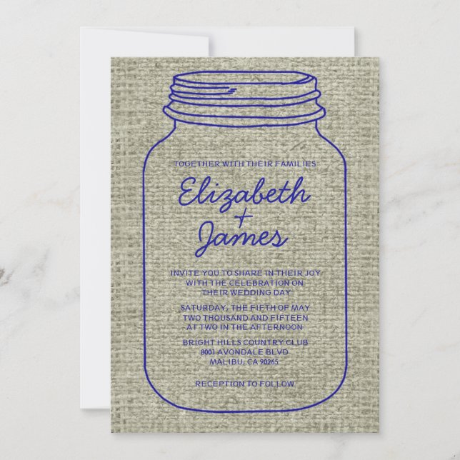 Royal Blue Burlap Mason Jar Wedding Invitations (Front)