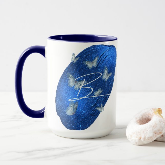 Royal Blue Butterflies Initials Letter B Monogram  Mug (With Donut)