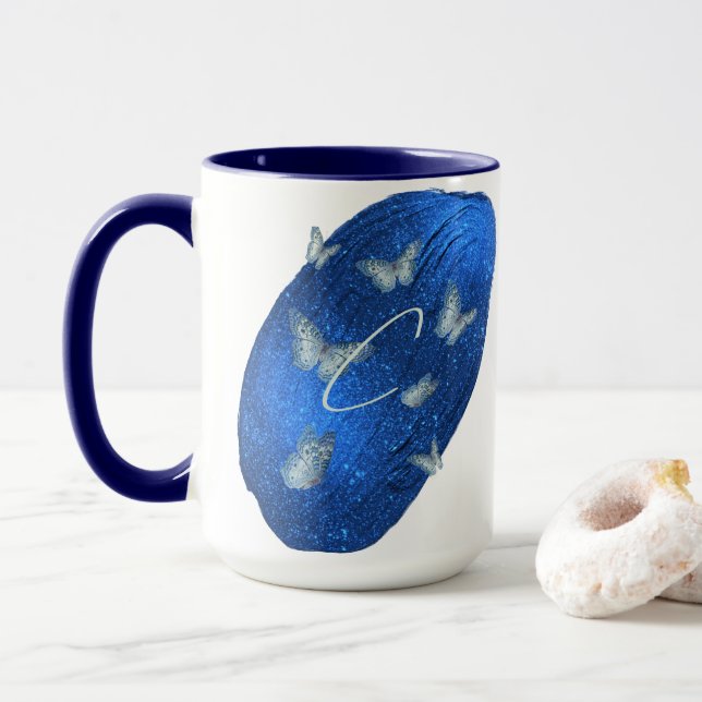 Royal Blue Butterflies Initials Letter C Monogram  Mug (With Donut)
