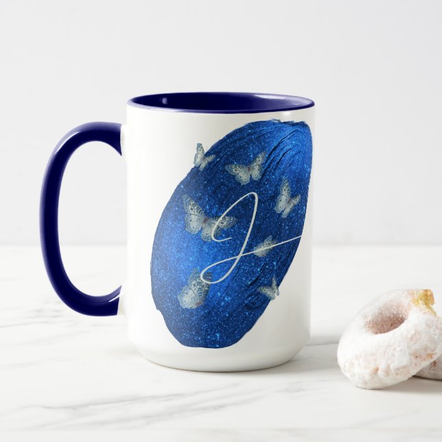 Royal Blue Butterflies Initials Letter J Monogram  Mug (With Donut)