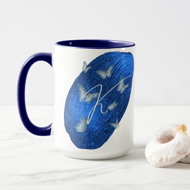 Royal Blue Butterflies Initials Letter K Monogram  Mug (With Donut)