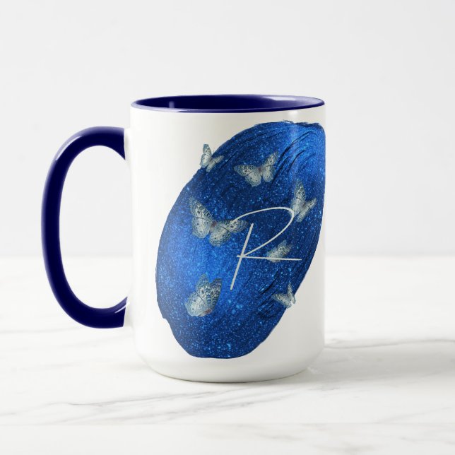 Royal Blue Butterflies Initials Letter R Monogram Mug (Left)